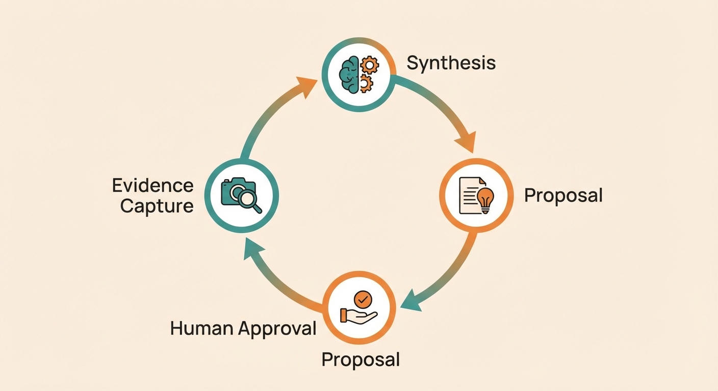 Evidence and human approval loop schematic